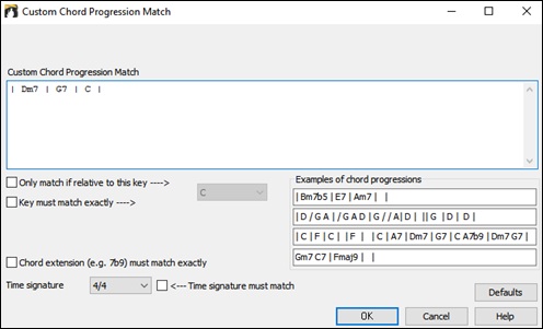 Custom Chord Progression Match dialog